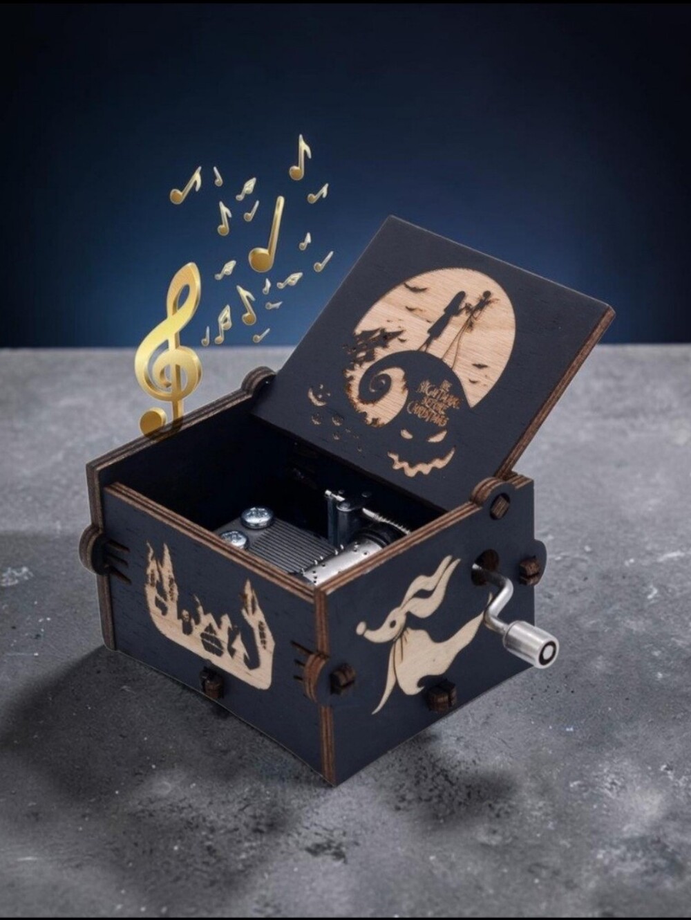 2.5" Engraved Wood Musical Box Jack Skellington The Nightmare Before Christmas.